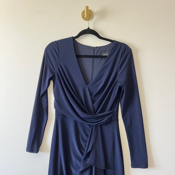 Betsy & Adam Navy Blue Stretch Jersey V Neck Long Sleeve Ruffled Gown Womens 4 - Picture 4 of 12